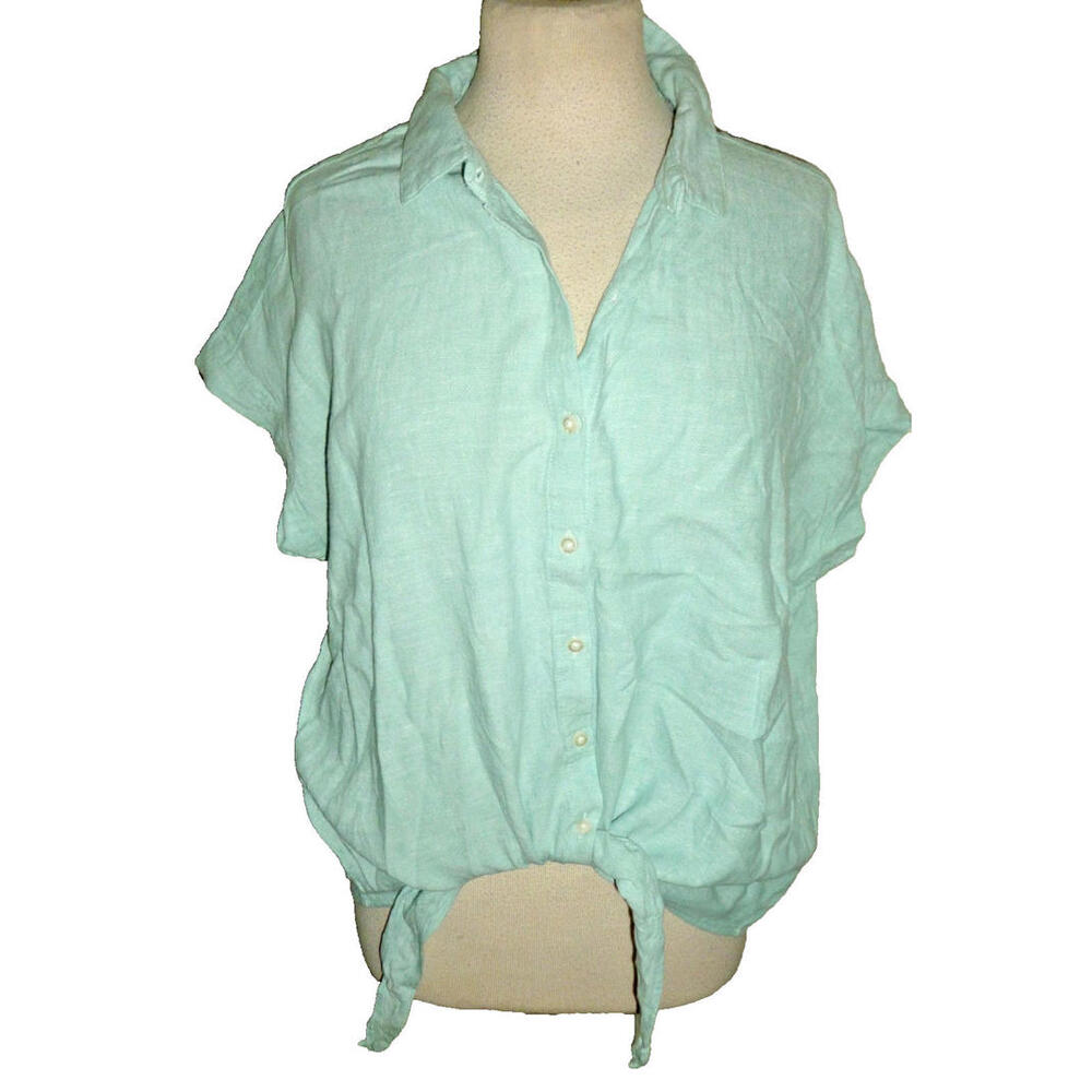 Weatherproof Vintage Washable Linen Shirt Top Cap Sleeve Tie Aqua Large L
